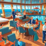 A cruise ship interior showing passengers enjoying various activities like relaxing in cabins, dining, swimming, exercising, and receiving assistance from crew members.