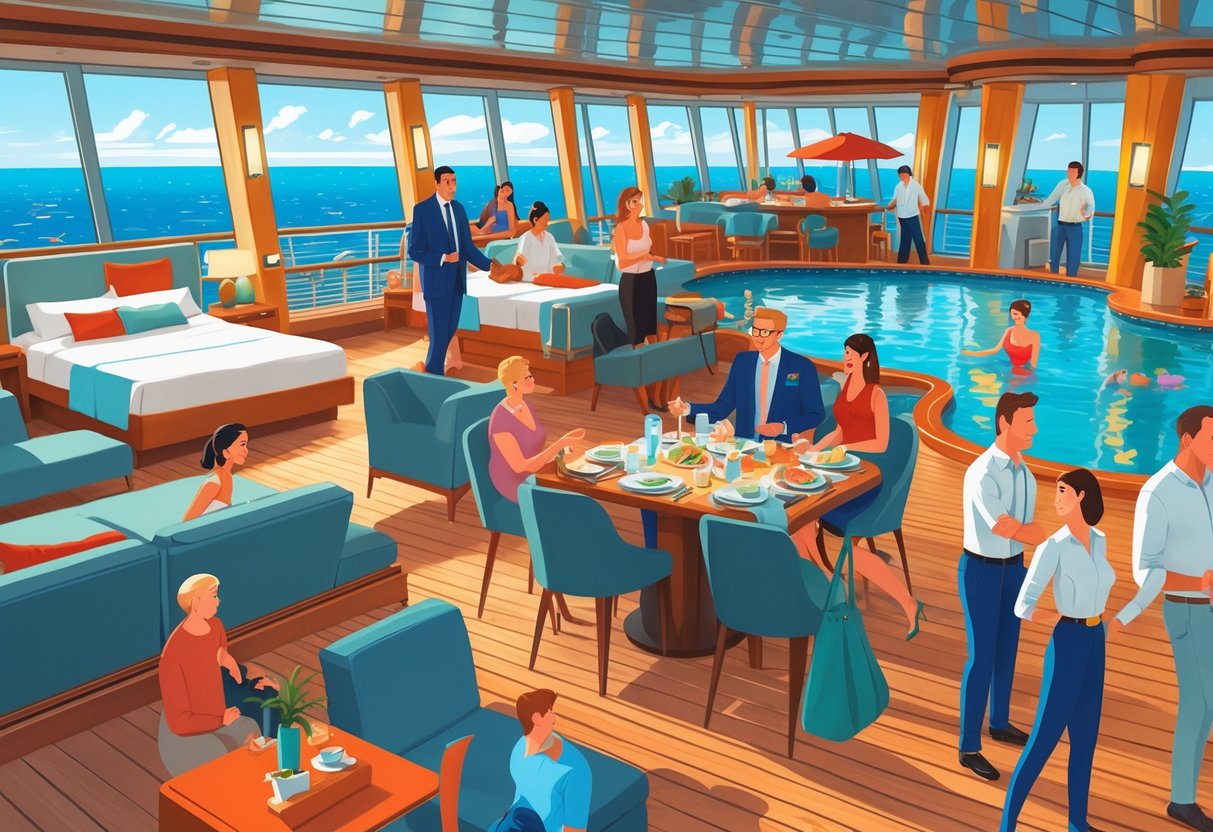 Feature image A cruise ship interior showing passengers enjoying various activities like relaxing in cabins, dining, swimming, exercising, and receiving assistance from crew members.