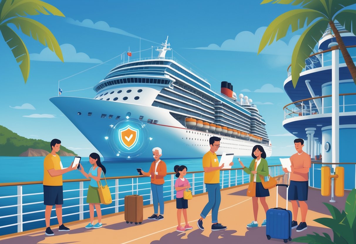 A group of people on a cruise ship engaging in secure activities like locking luggage and using devices, with the ship sailing on calm waters under a clear sky.