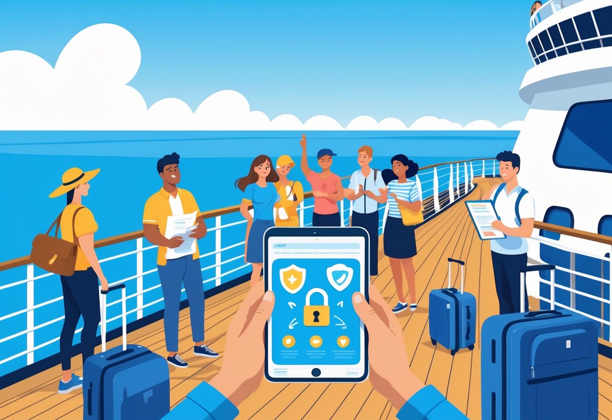 Travelers on a cruise ship deck using a tablet to manage privacy settings and reviewing a checklist, with the ocean and sky in the background.