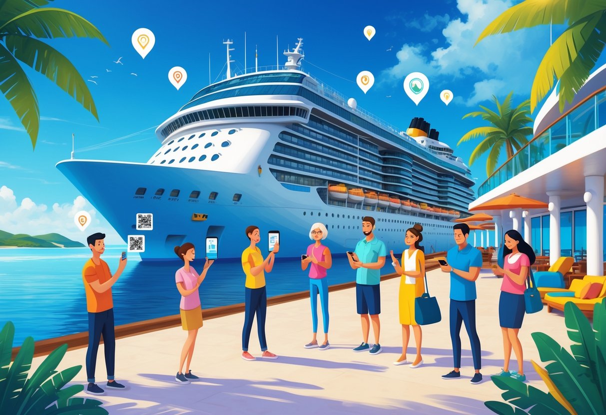 A group of travelers using smartphones and tablets near a cruise ship docked at a tropical port, with clear skies and cruise amenities visible in the background.