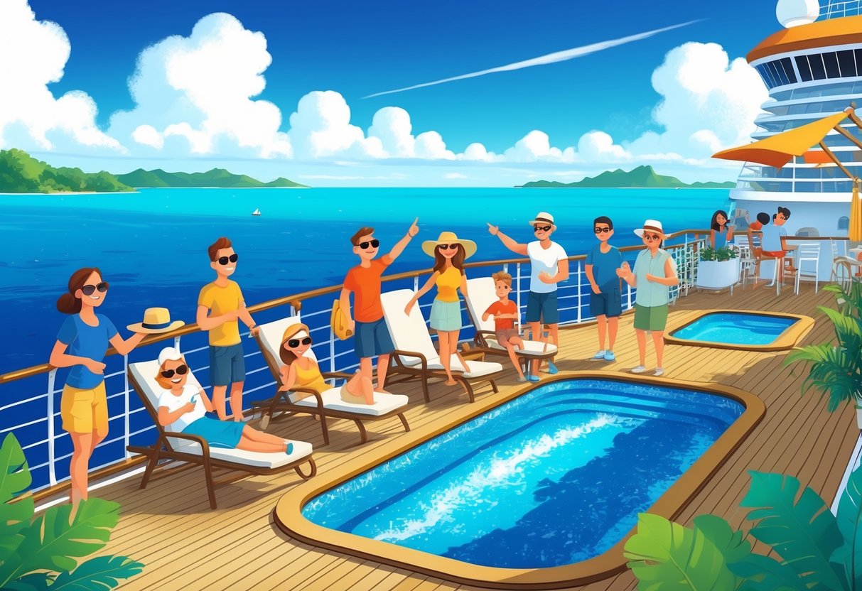 A group of diverse travelers enjoying various activities on the deck of a cruise ship with ocean and islands in the background.
