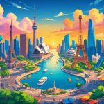 A panoramic cityscape featuring famous landmarks from ten major cities around the world with people exploring vibrant urban streets and parks.