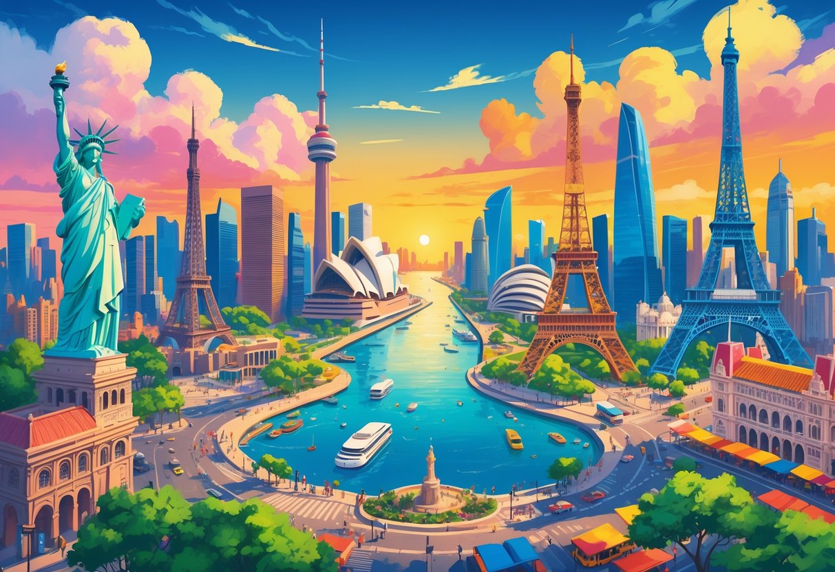 A panoramic cityscape featuring famous landmarks from ten major cities around the world with people exploring vibrant urban streets and parks.