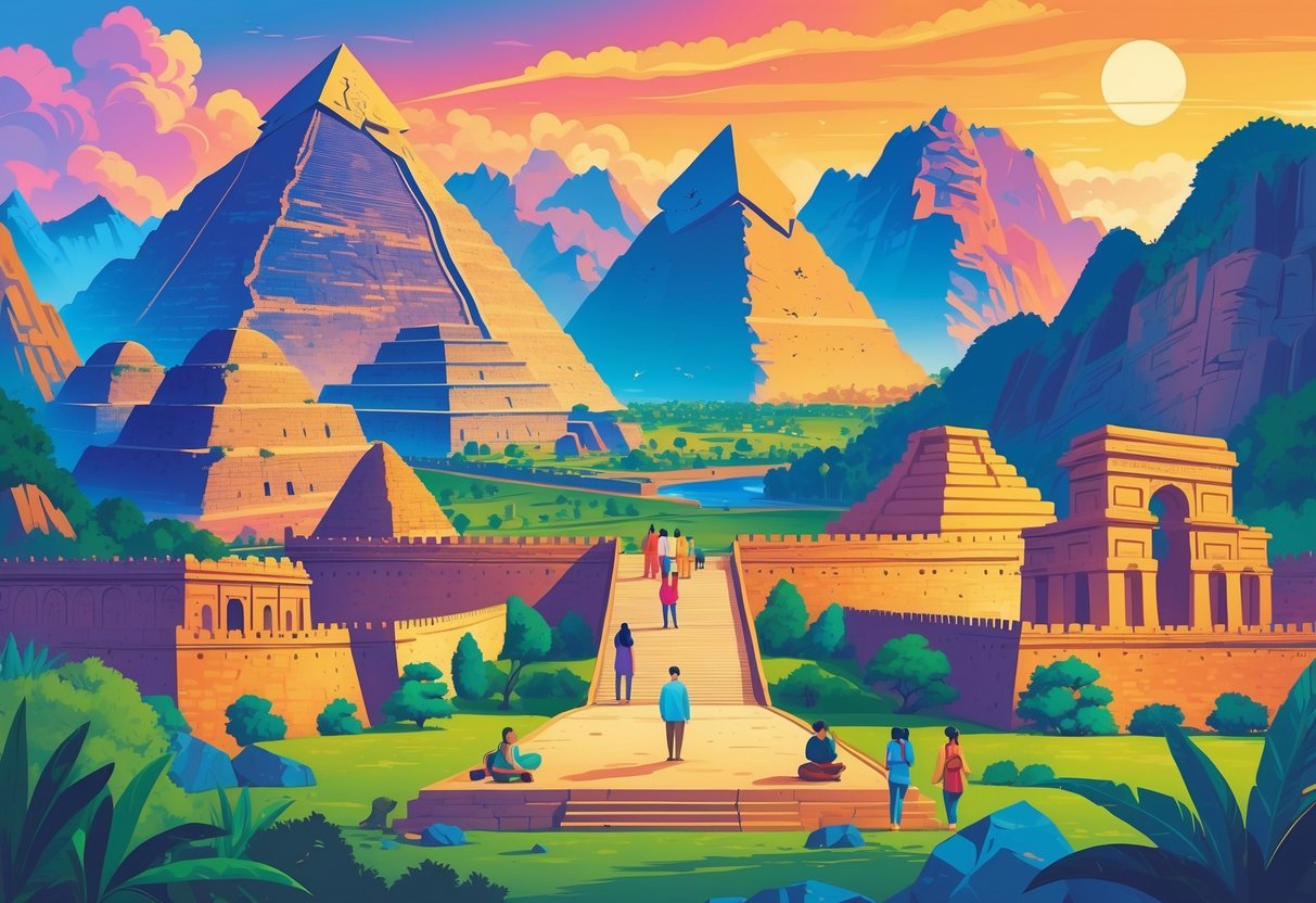 A colorful illustration showing famous cultural and spiritual landmarks from around the world with diverse travelers visiting and exploring them.