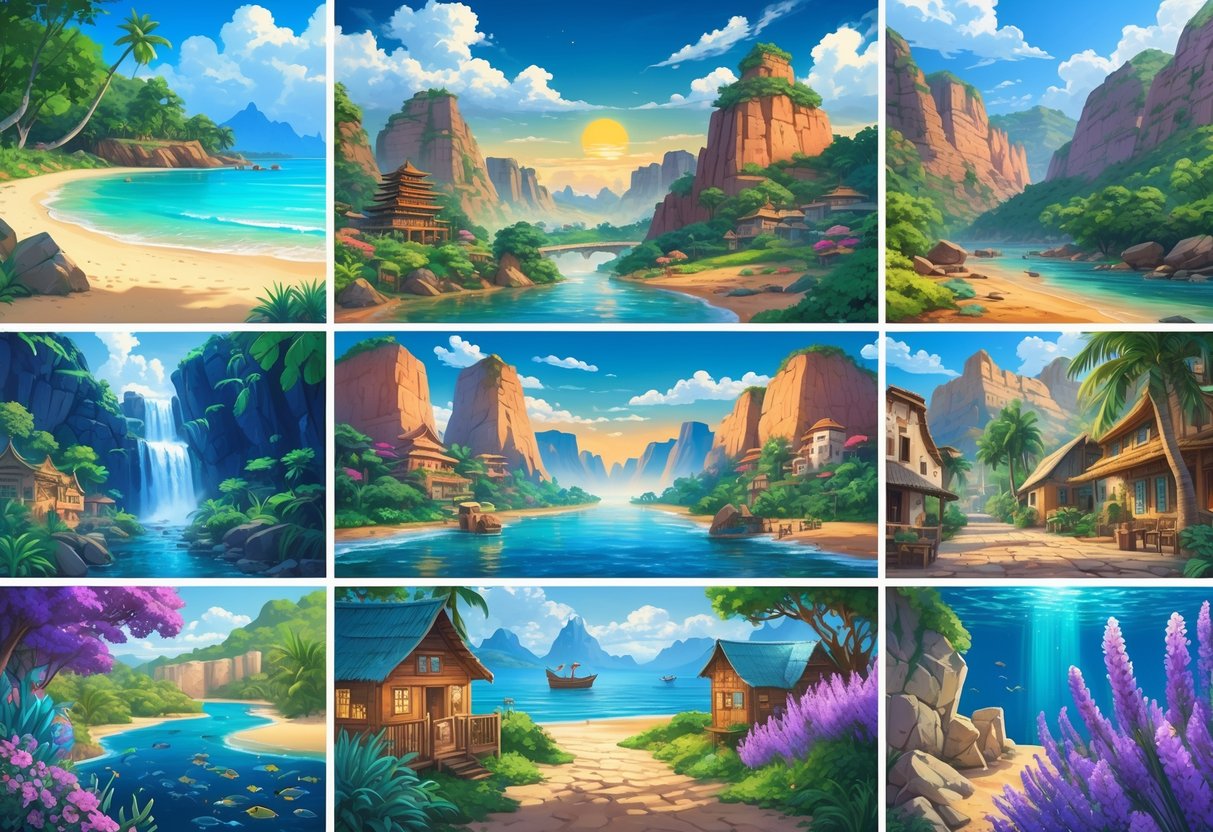 A colorful illustration featuring ten diverse and unique travel destinations including a hidden beach, ancient temple, mountain village, desert canyon, snowy forest, coral reef, European street, lavender field, remote island, and waterfall.