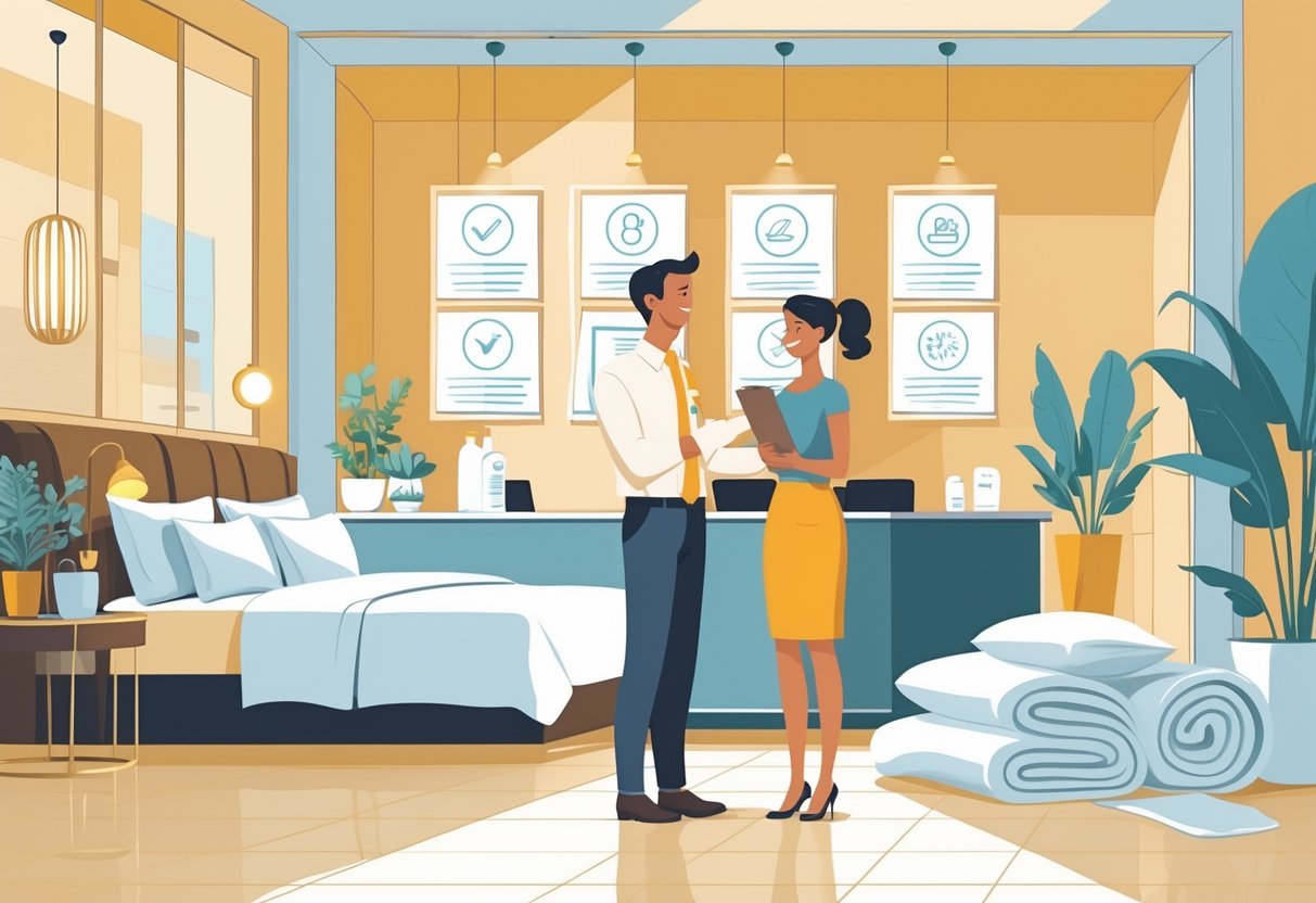 A traveler talking to a hotel receptionist with images of a clean bed, bathroom, and a checklist representing hotel comfort and cleanliness.