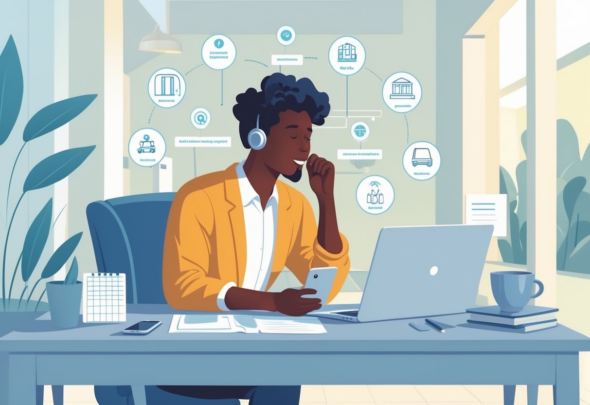 A traveler sitting at a desk reviewing hotel amenities and services on a laptop and smartphone, surrounded by icons representing hotel features.