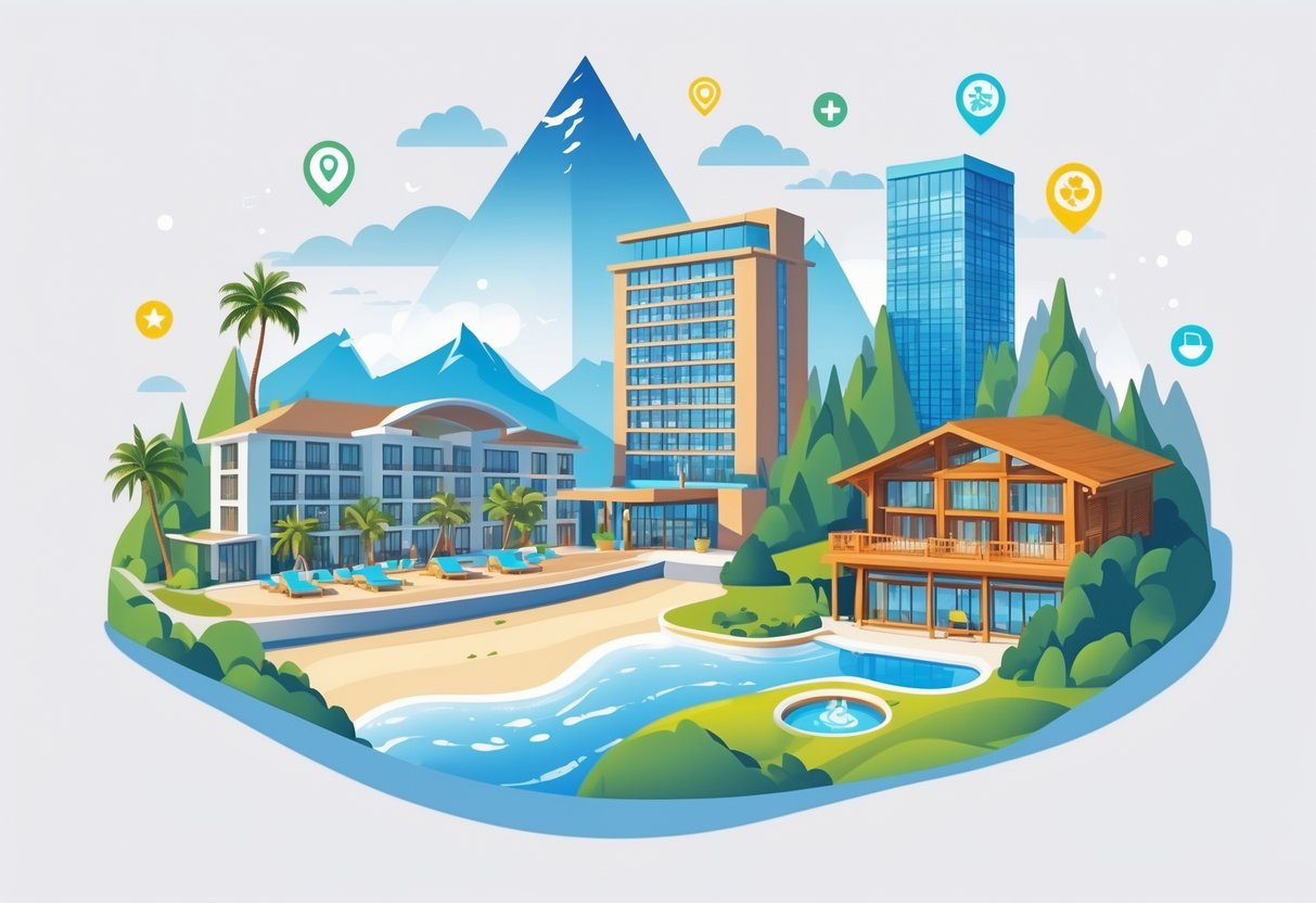 A traveler looking at different types of hotels including a beachfront resort, urban high-rise, mountain lodge, and boutique hotel, with icons representing price, location, amenities, and ratings.