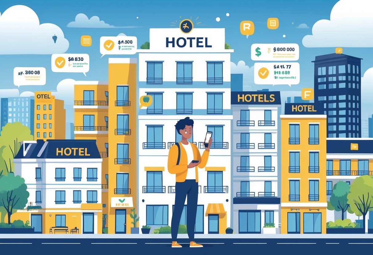 A traveler reviewing different hotel options on a device, standing in front of various hotels in a city, with icons representing value, pricing, location, and amenities around them.