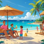Families and couples enjoying a sunny beach resort with palm trees, a swimming pool, and ocean views.