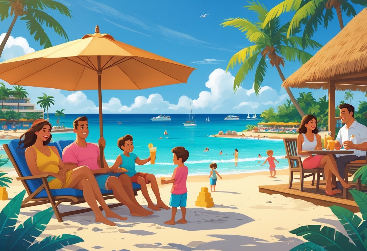 Families and couples enjoying a sunny beach resort with palm trees, a swimming pool, and ocean views.