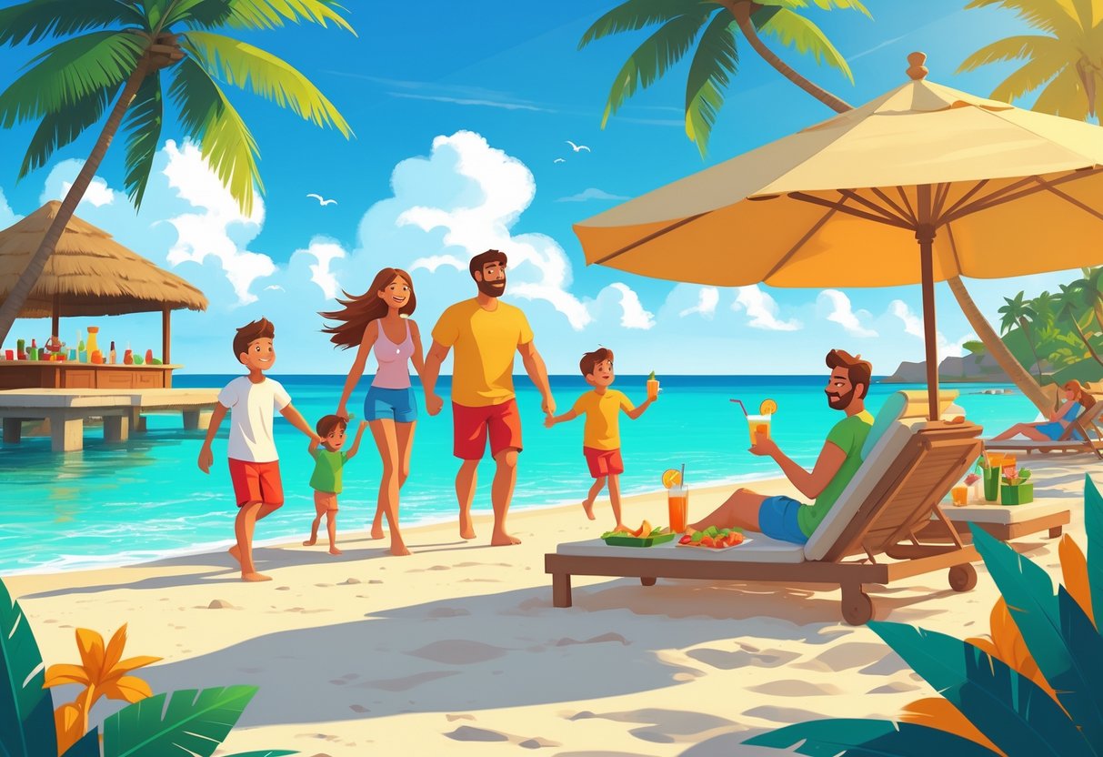 A family and a couple enjoying a sunny tropical beach with palm trees, relaxing and playing near clear blue water.