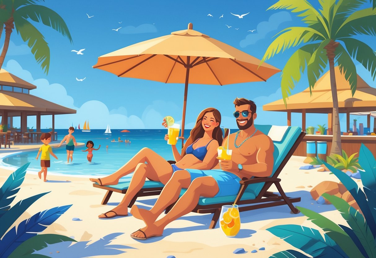 A couple relaxing on beach chairs under an umbrella at a resort, with children playing in a pool and a buffet area nearby, set against a sunny beach and ocean background.