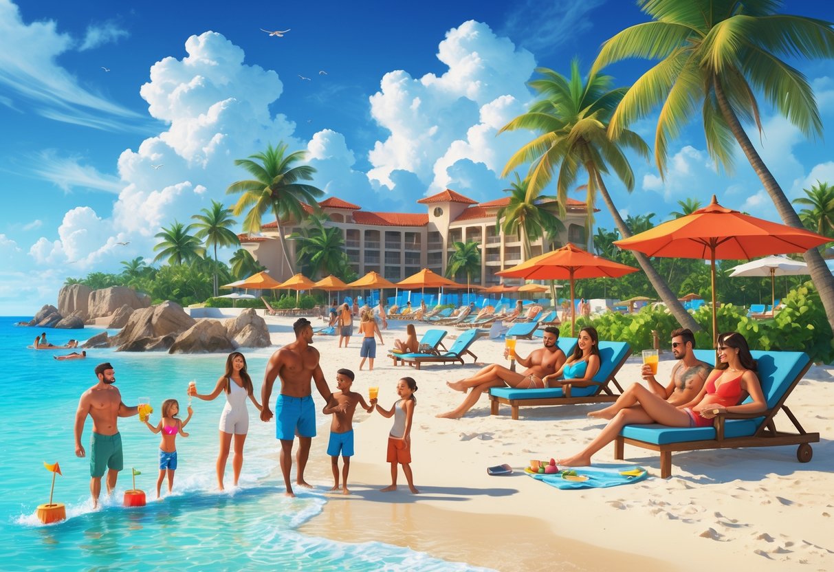 Families and couples enjoying a sunny tropical beach with palm trees, a resort, and various recreational activities.