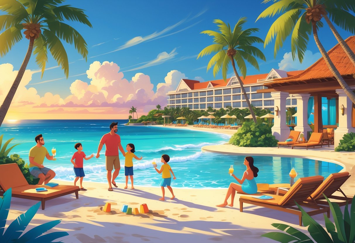 A family and a couple enjoying a luxurious beachfront resort with a swimming pool, palm trees, and ocean views during sunset.