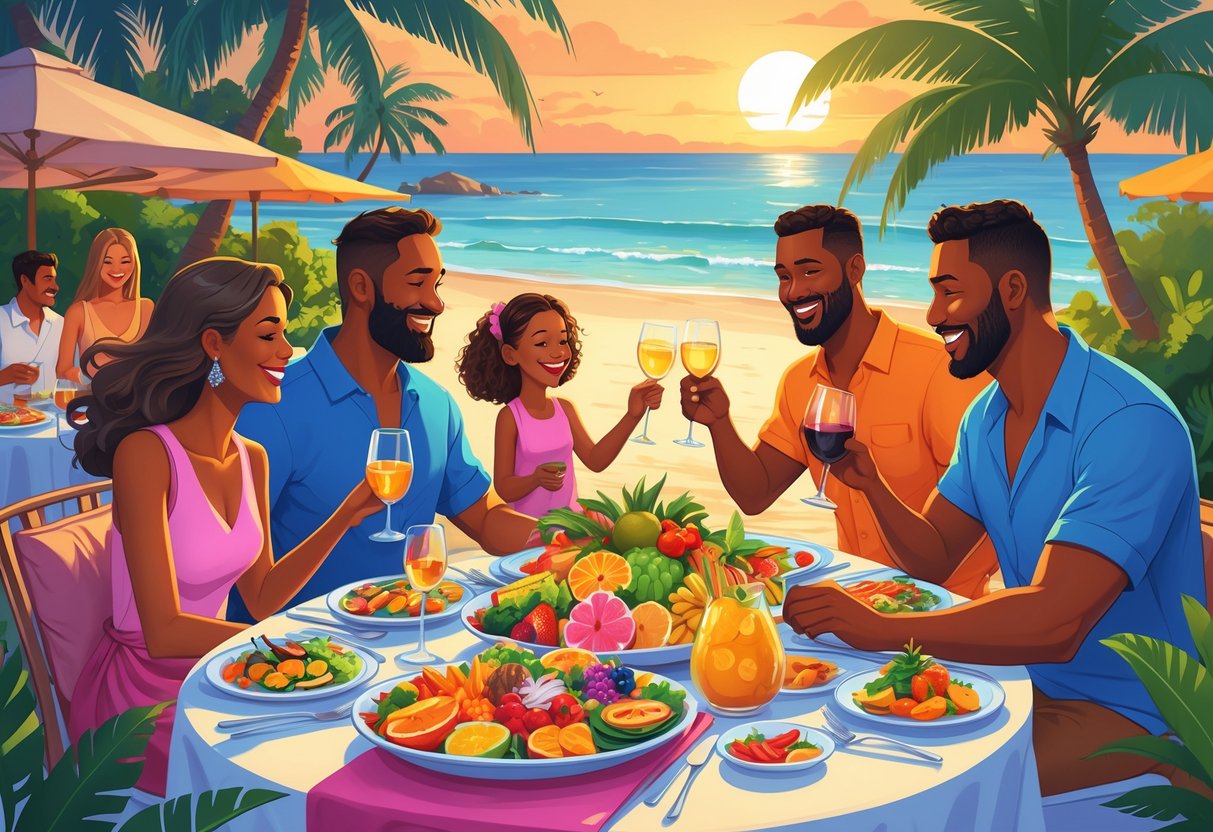 A family and a couple enjoying a meal together outdoors at a beachside resort during sunset.