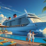 A large luxury cruise ship on calm blue ocean waters with passengers enjoying the sun and ocean views, near a tropical island.