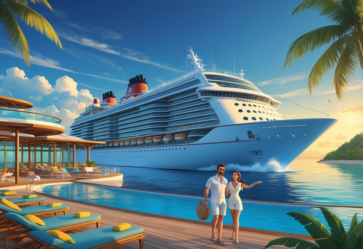 A large luxury cruise ship on calm blue ocean waters with passengers enjoying the sun and ocean views, near a tropical island.