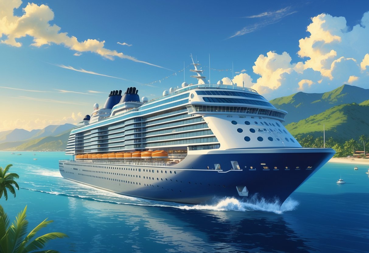 A large luxury cruise ship sailing on calm blue ocean waters with a couple standing on the deck, overlooking the sea and a distant coastline with greenery and mountains.