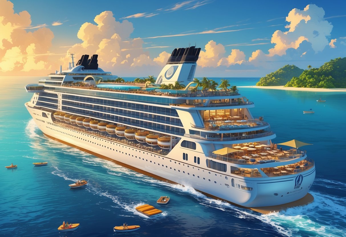 A large cruise ship on calm ocean waters with passengers enjoying the pool, dining, and walking on deck near a tropical island.