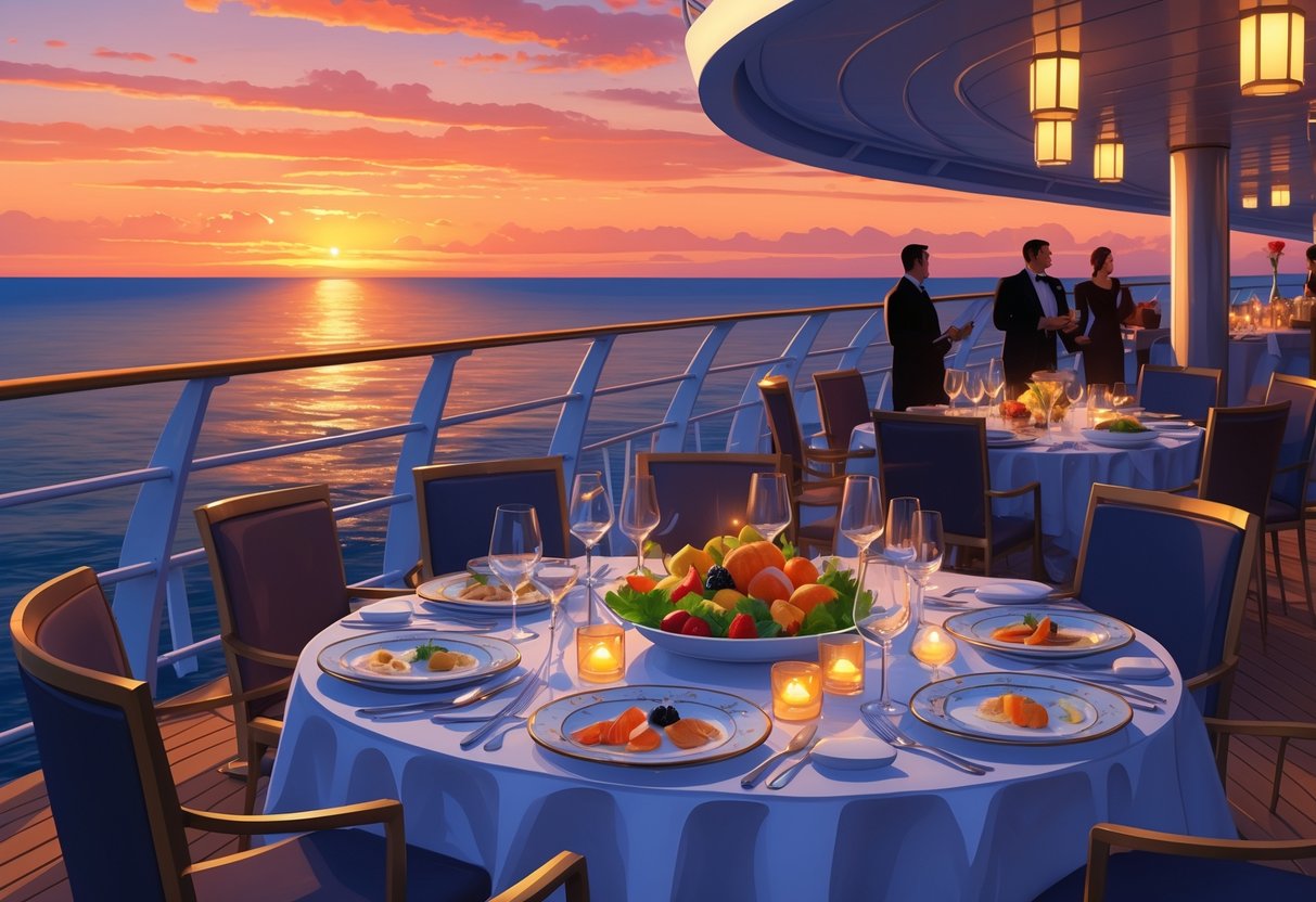 Outdoor dining table on a cruise ship deck at sunset with gourmet food and ocean views.