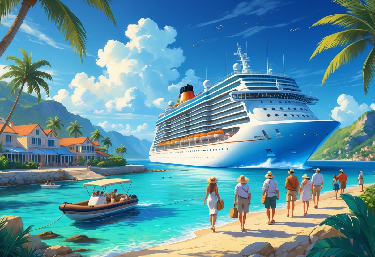 A luxury cruise ship near a tropical coastline with travelers exploring a seaside village and a private yacht anchored nearby.