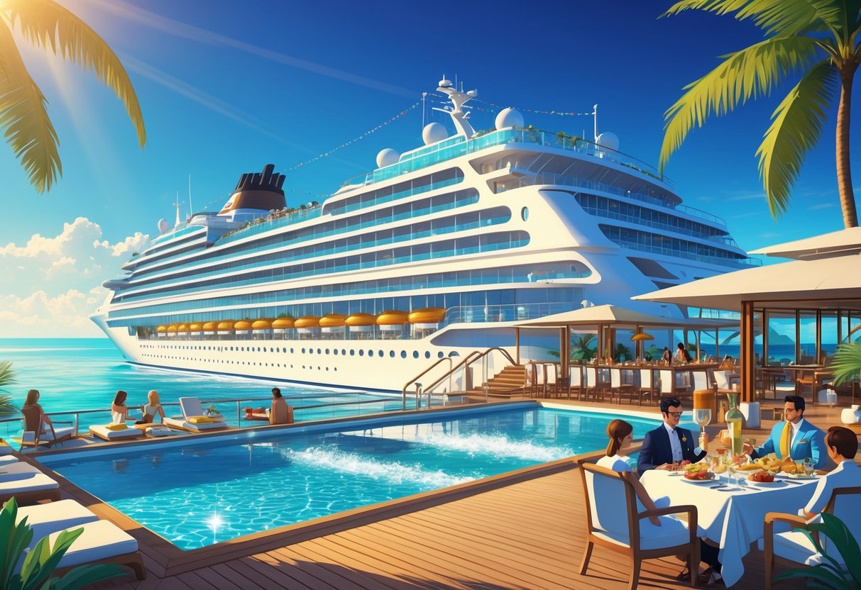 A large luxury cruise ship sailing on calm blue waters with passengers relaxing by a pool and dining outdoors under a sunny sky.
