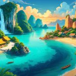 A colorful scene showing a hidden lagoon with cliffs, a quaint village by hills, sand dunes at sunset, a waterfall, and a lone hiker on a mountain trail.