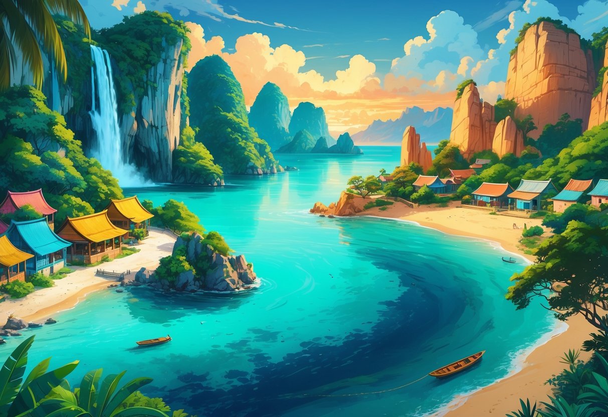 A colorful scene showing a hidden lagoon with cliffs, a quaint village by hills, sand dunes at sunset, a waterfall, and a lone hiker on a mountain trail.