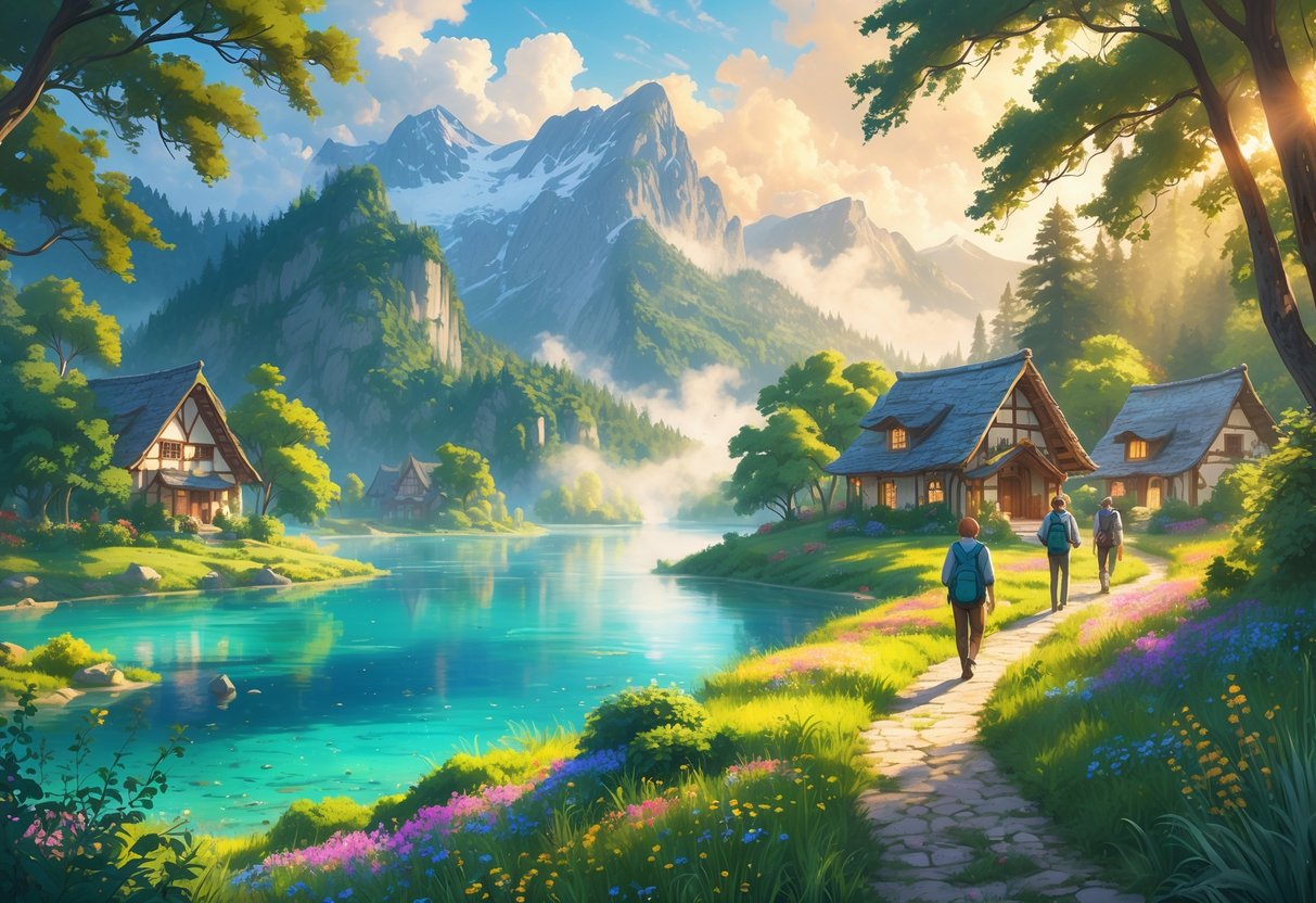 A peaceful hidden travel destination with a clear lake, green trees, mountains, a small village, and travelers exploring the area.