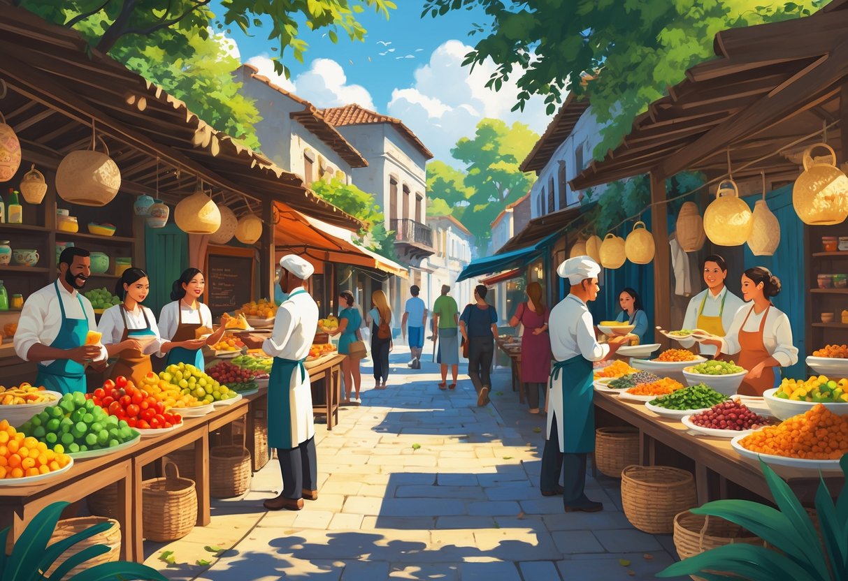 An outdoor market in a charming travel destination with colorful food stalls, local vendors offering traditional dishes, and travelers enjoying the scene surrounded by historic buildings and greenery.