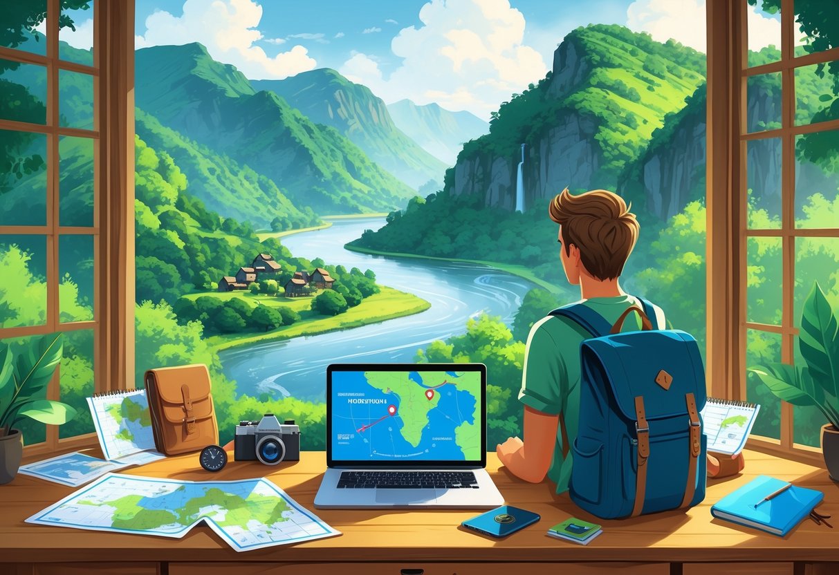 A traveler sitting at a desk with maps and a laptop, planning a trip while looking out a window at a hidden village in green mountains with a river.
