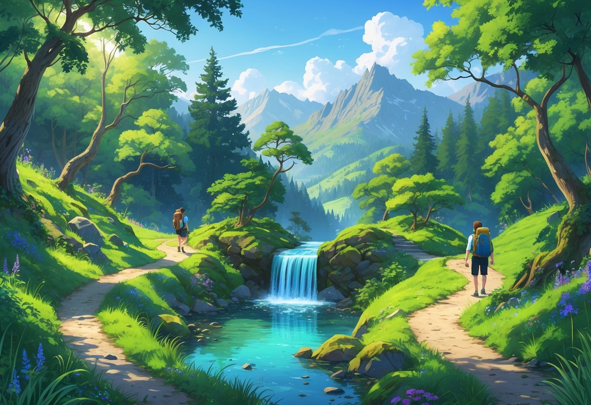 A peaceful trail winding through dense greenery with a small waterfall and mountains in the background, with travelers exploring the natural surroundings.