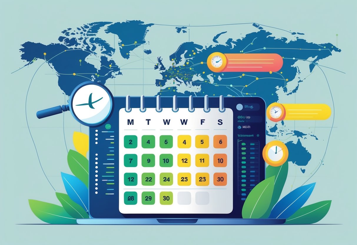 A calendar with highlighted dates, travel icons like a plane ticket and clock, and a world map with airplane routes illustrating flight booking and savings.