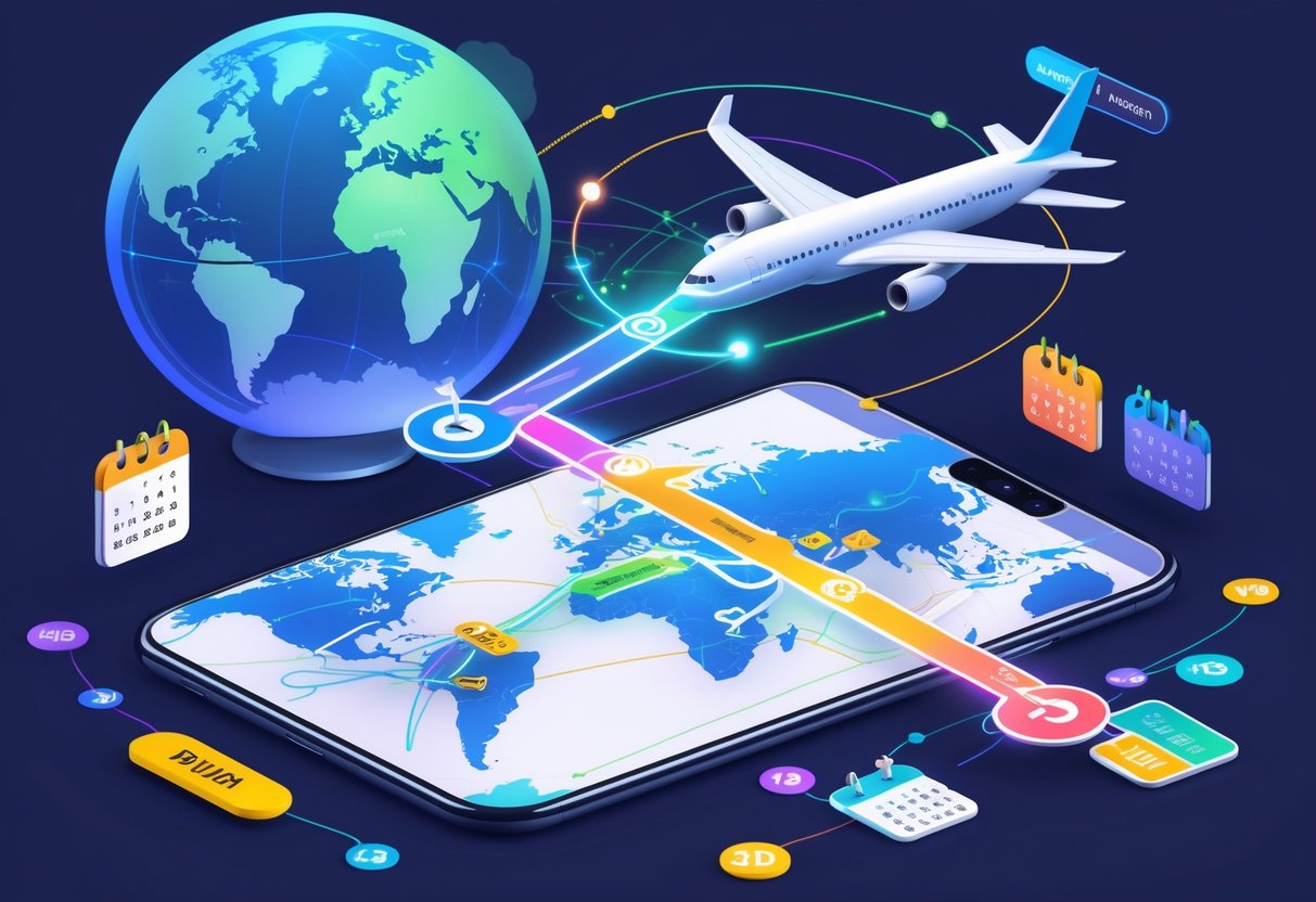 Illustration of a digital map showing multiple airports connected by various flight routes, with icons representing flexible dates, price savings, and travel planning tools.