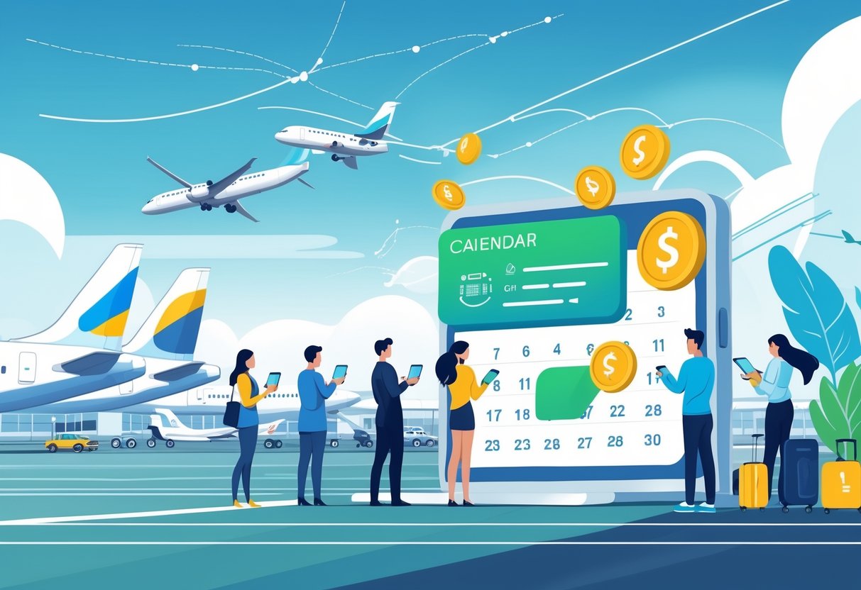 Travelers using devices at an airport with airplanes and a digital calendar showing flexible flight dates and savings icons.