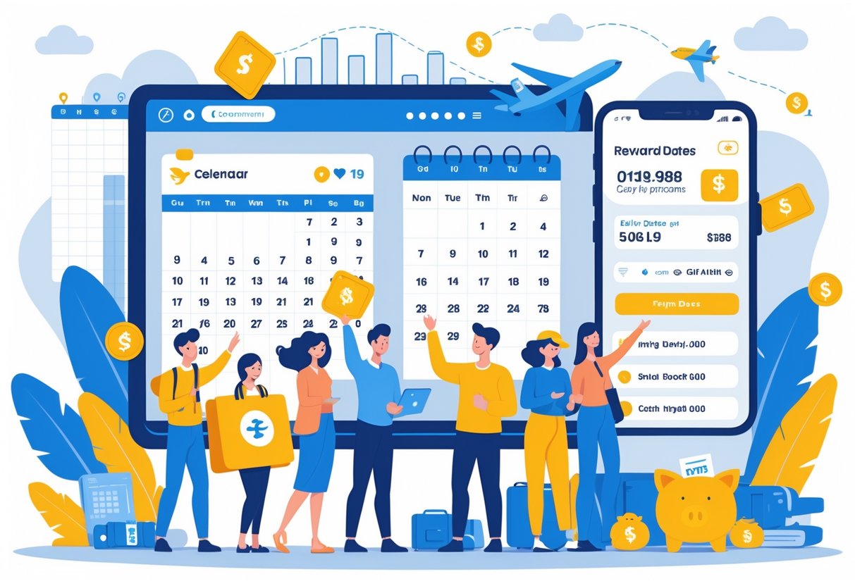 Travelers planning trips using a digital calendar and rewards app, surrounded by travel icons and charts representing flight savings and flexible booking dates.