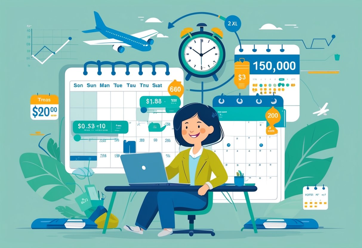 A traveler at a desk with a laptop, surrounded by icons of flights, hotels, and car rentals connected by arrows, along with a calendar and clock highlighting flexible booking and travel savings.