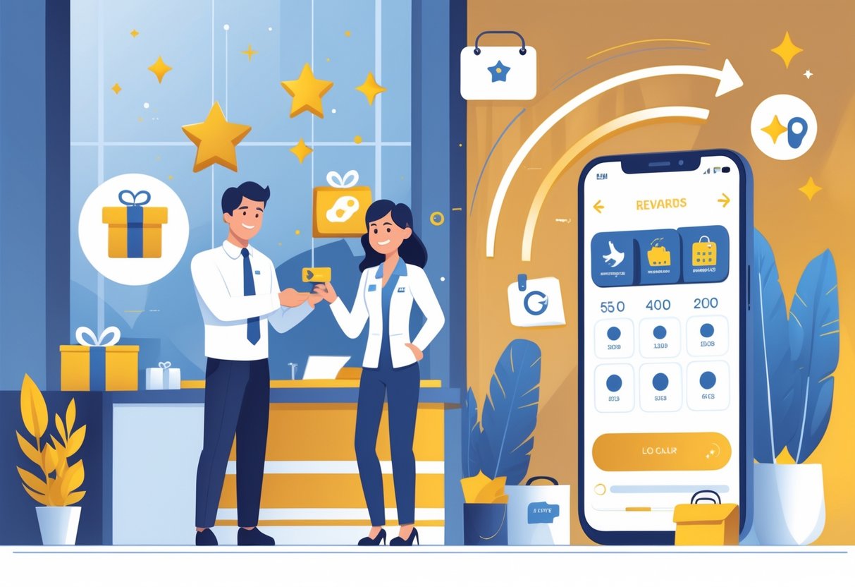 A traveler receiving a hotel keycard from a concierge in a hotel lobby, with a smartphone showing a loyalty app and icons representing rewards and free nights.