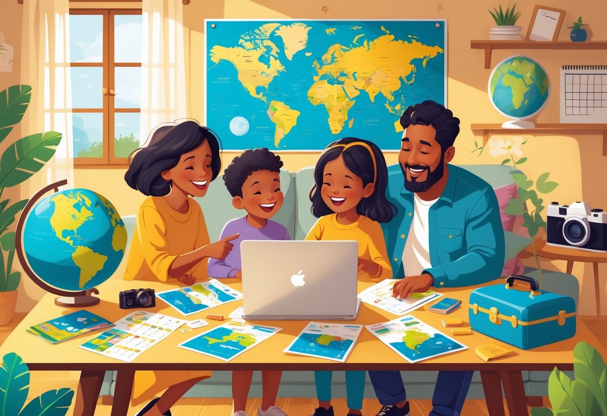 A family of four sitting around a table with travel brochures, a laptop, and a globe, planning a vacation together in a cozy living room.
