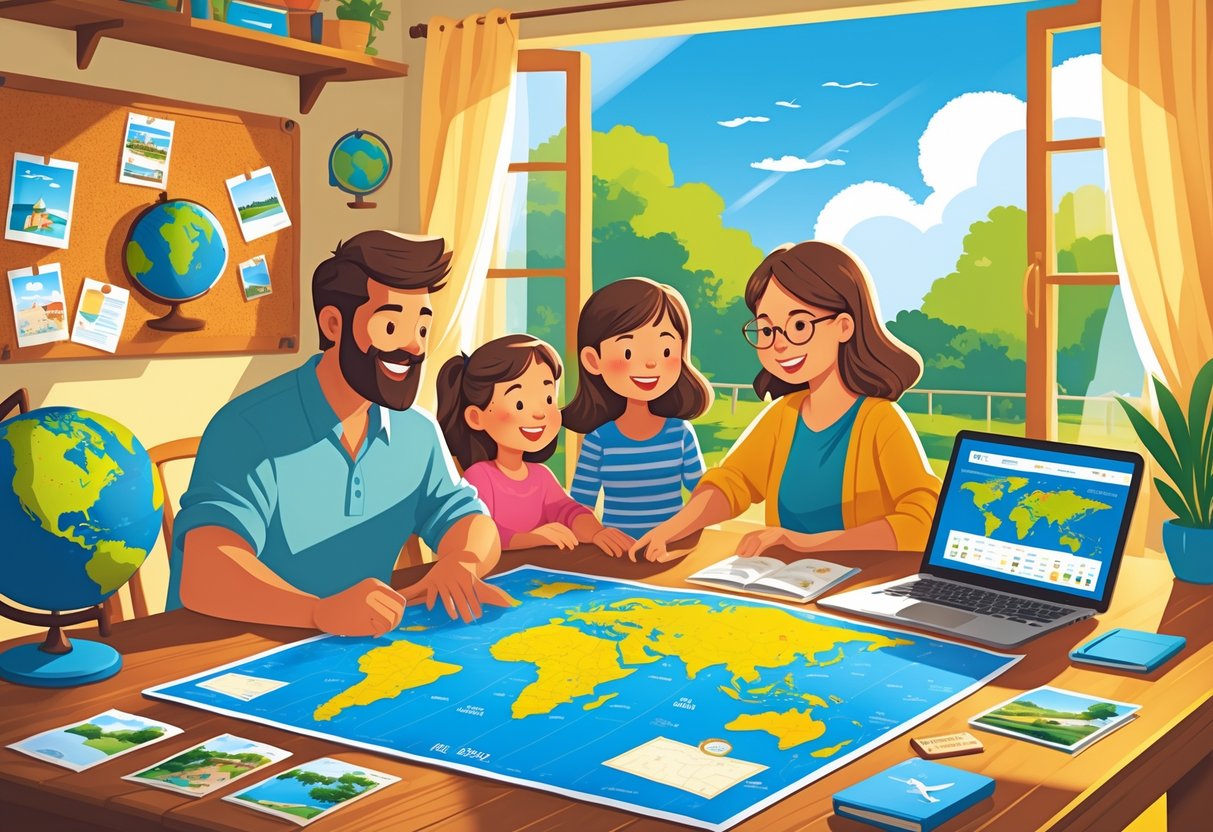 A family of four gathered around a table looking at a world map and travel brochures while planning a vacation in a bright living room.