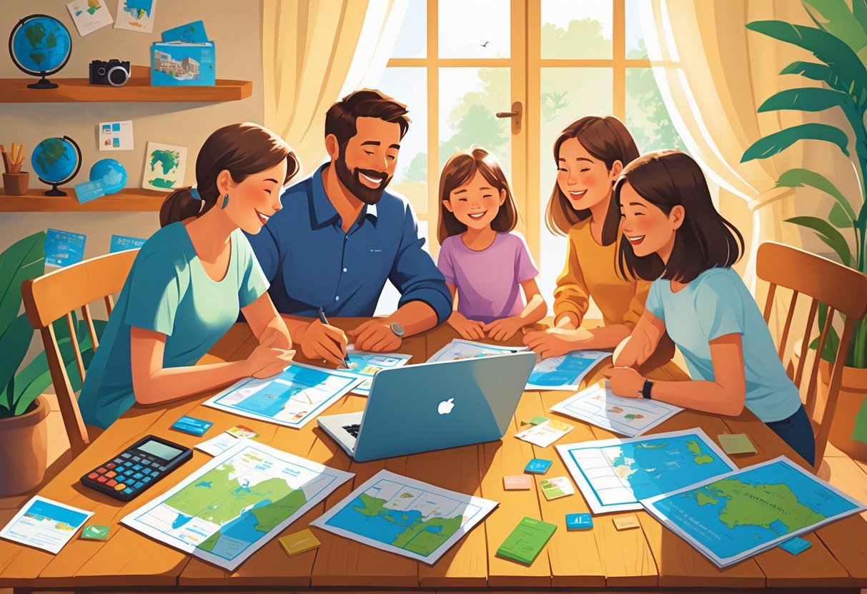 A family of four sitting around a table with maps, brochures, and a laptop, planning a vacation together in a bright living room.