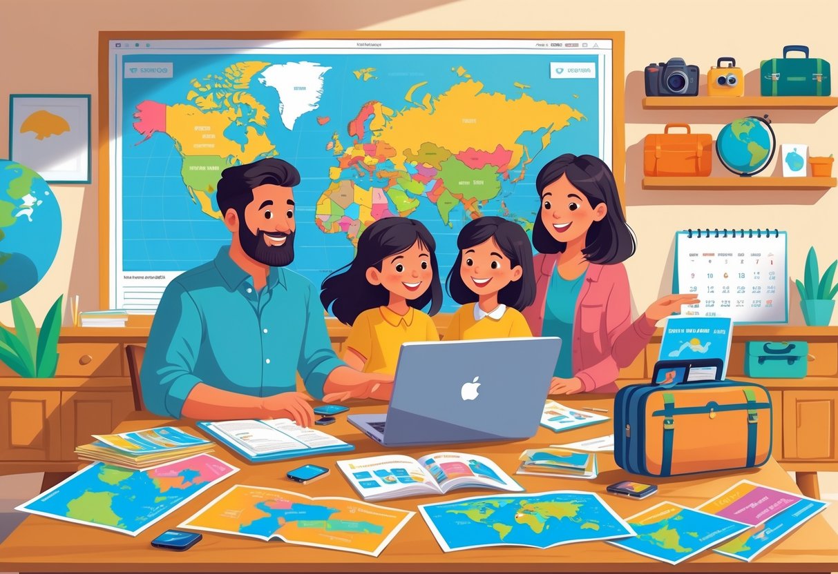 A family of four planning a vacation together at a table with travel maps, brochures, and electronic devices in a cozy living room.