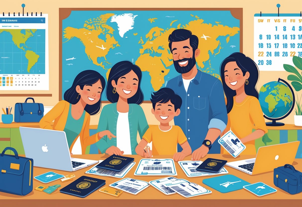 A family of four happily organizing travel documents and planning their vacation around a table with passports, tickets, a laptop, and a world map in the background.