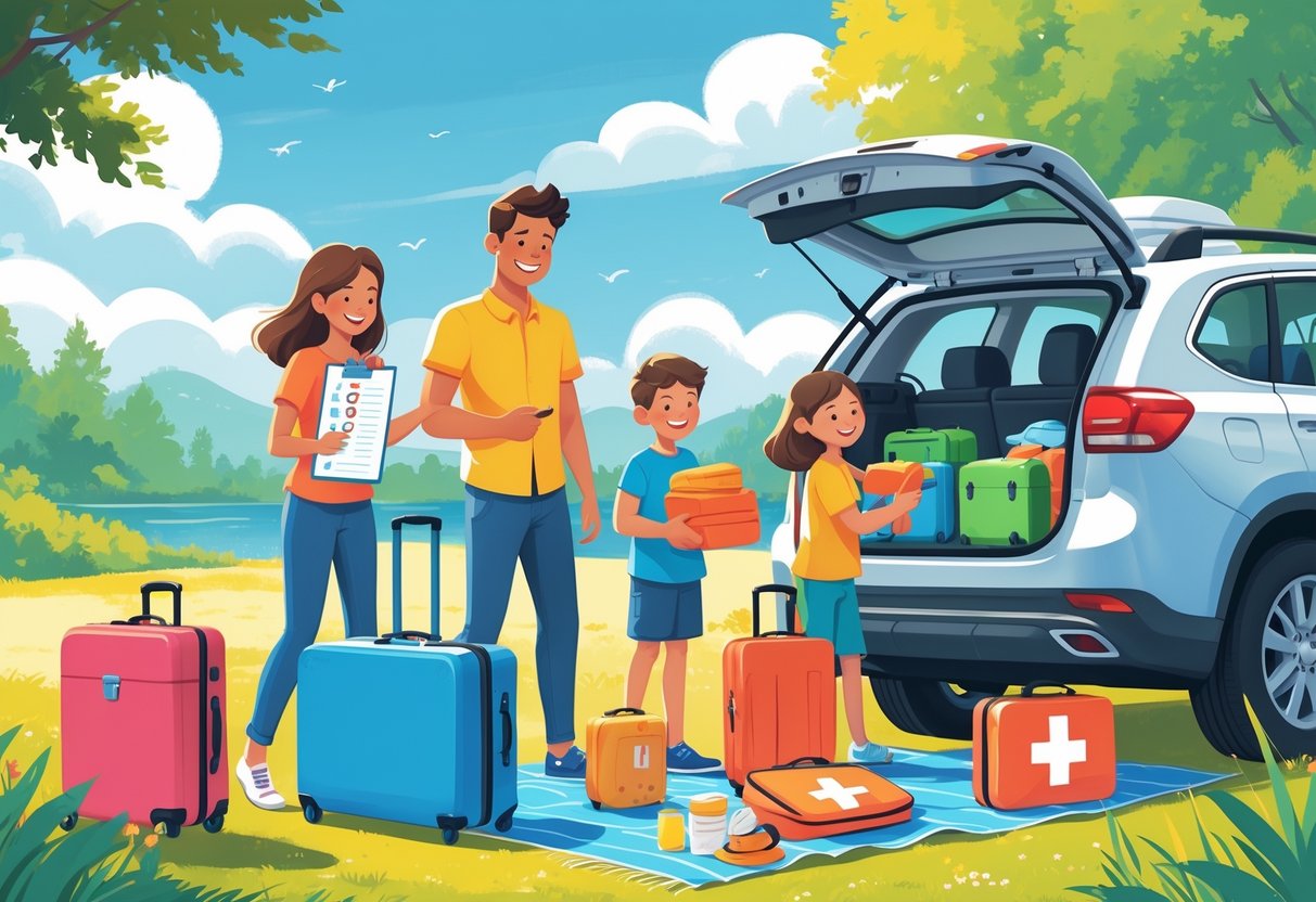 A family packing their car outdoors with travel essentials, preparing for a safe and enjoyable vacation.