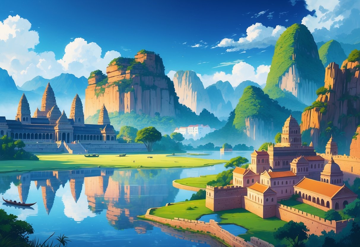 A panoramic scene featuring famous UNESCO World Heritage Sites including Angkor Wat temples, Machu Picchu ruins, Venice canals with gondolas, Petra rock carvings, the Great Wall of China, and Swiss Alps with medieval castles.