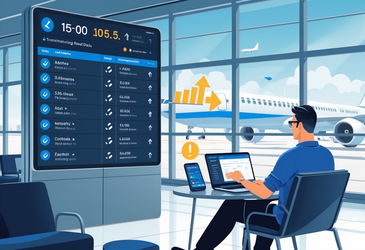 A traveler in an airport lounge using a laptop and smartphone with a flight information board and airplanes visible through large windows.