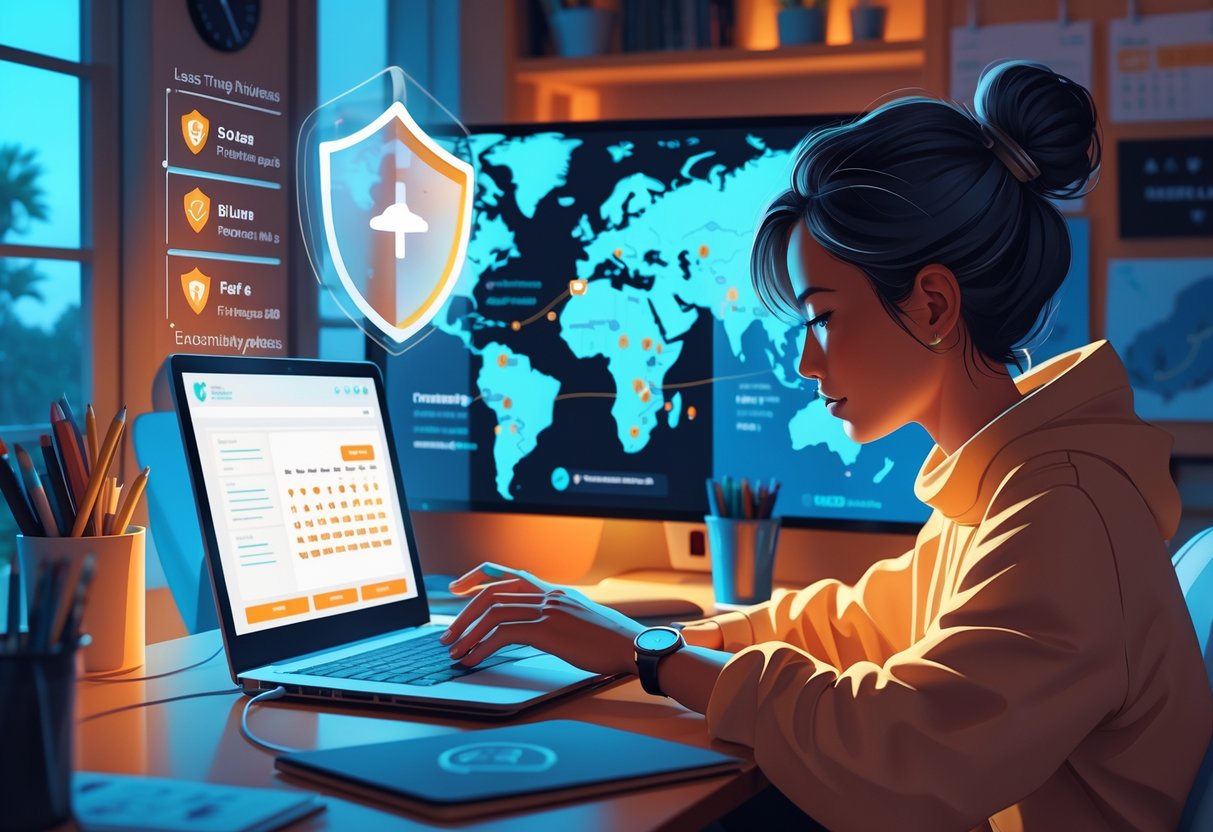 A person using a laptop in a home office, surrounded by travel-related items like a calendar, world map, and clock, with a digital privacy shield icon near the laptop screen.