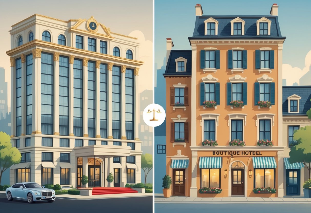An illustration showing a large luxury hotel on the left and a smaller boutique hotel on the right, with a balanced scale symbol between them representing value comparison.